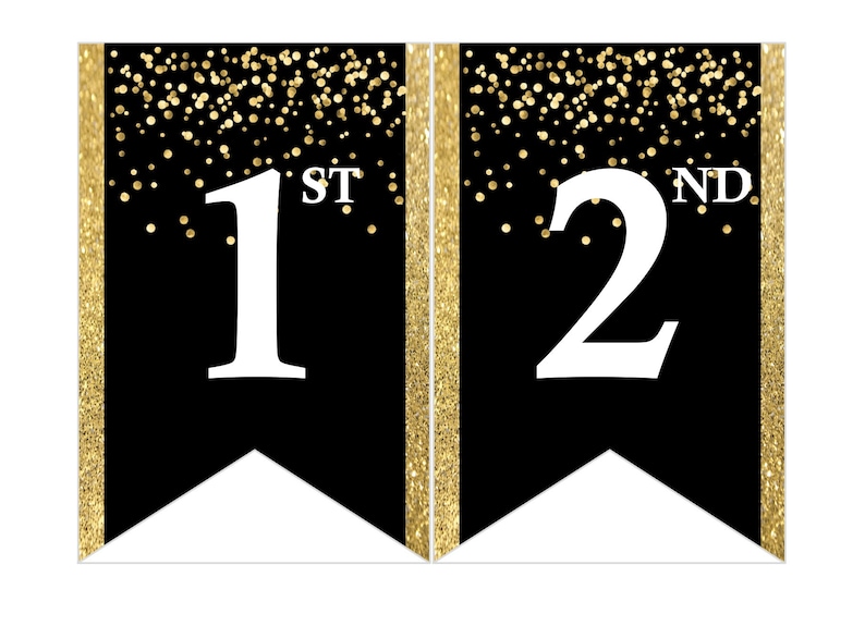 Direct downloaden afdrukbare digitale feestgorsbanner, witte letters op gouden confettiachtergrond afbeelding 4