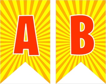 Direct downloaden afdrukbare digitale partij Bunting Banner, rode letters op geeloranje spiraalvormige strepen achtergrond