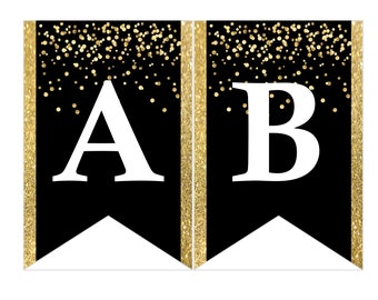 Instant download Printable Digital Party Bunting Banner, White Letters on Gold Confetti Background