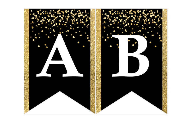 Direct downloaden afdrukbare digitale feestgorsbanner, witte letters op gouden confettiachtergrond afbeelding 1