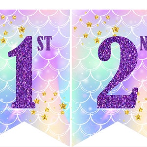 Instant download Printable Digital Party Bunting Banner, Purple Letters on Mermaid Scales Background image 4