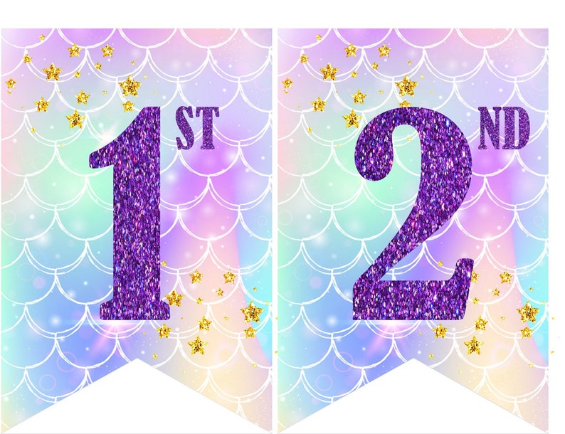 Instant download Printable Digital Party Bunting Banner, Purple Letters on Mermaid Scales Background image 4