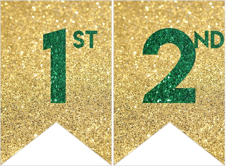 Instant download Printable Digital Party Bunting Banner, Green Letters on Gold Background image 4