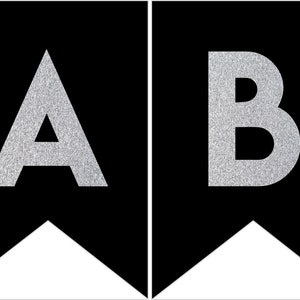 Instant download Printable Digital Party Bunting Banner, Silver Letters on Black Background