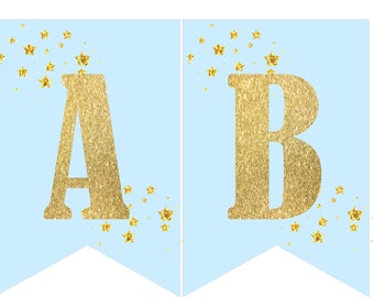 Instant download Printable Digital Party Bunting Banner, Gold Letters on Blue Background with Gold Stars