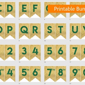 Instant download Printable Digital Party Bunting Banner, Green Letters on Gold Background image 2