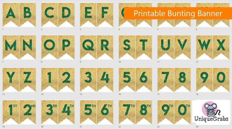 Instant download Printable Digital Party Bunting Banner, Green Letters on Gold Background image 2