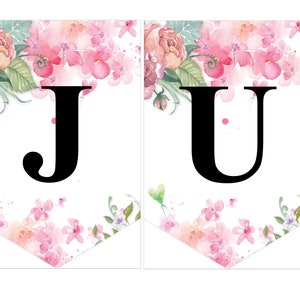 Instant download Printable Digital Party Bunting Banner, Black Letters on Floral Background - Just Married