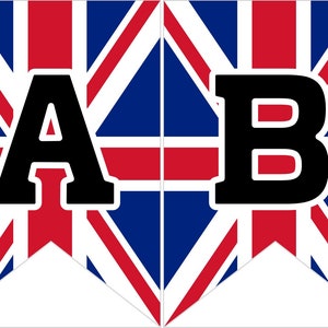 Instant download Printable Digital Party Bunting Banner, Black Letters on UK Flag Background