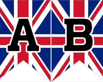 Instant download afdrukbare digitale party Bunting banner, zwarte letters op Britse vlag achtergrond