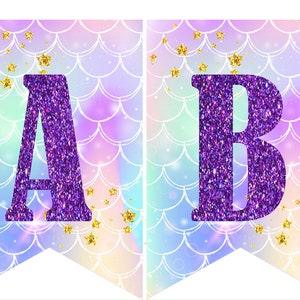 Instant download Printable Digital Party Bunting Banner, Purple Letters on Mermaid Scales Background image 1