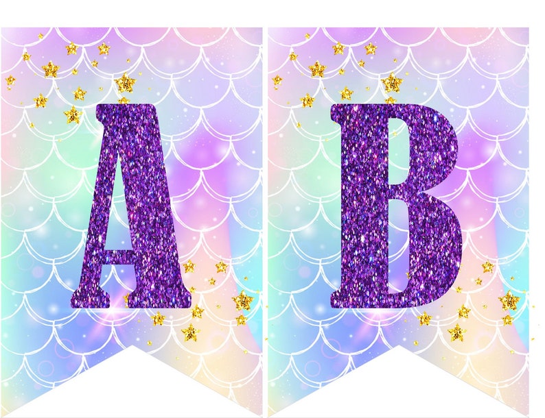 Instant download Printable Digital Party Bunting Banner, Purple Letters on Mermaid Scales Background image 1