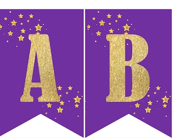 Sofortiger download Druckbare digitale Party Wimpelkette, goldene Buchstaben auf lila Hintergrund mit goldenen Sternen