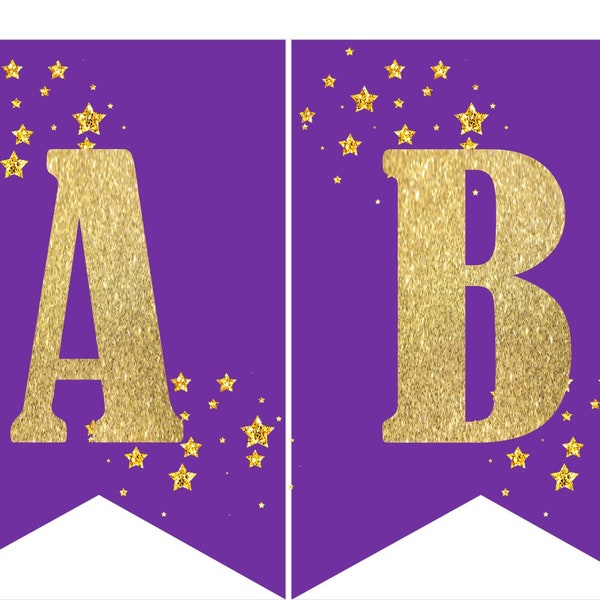 Instant download Printable Digital Party Bunting Banner, Gold Letters on Purple Background with Gold Stars