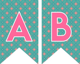 Instant download Printable Digital Party Bunting Banner, Pink Letters on Green Background