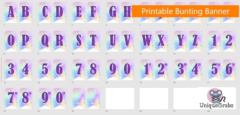 Instant download Printable Digital Party Bunting Banner, Purple Letters on Mermaid Scales Background image 2