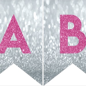 Téléchargement instantané Bannière de fanions de fête numérique imprimable, lettres roses sur fond argenté image 1