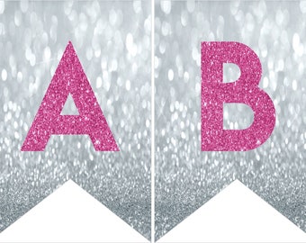 Instant download Printable Digital Party Bunting Banner, Pink Letters on Silver Background