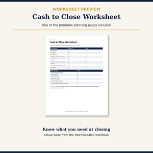 May include: A white printable worksheet titled Cash to Close Worksheet featuring dark blue headers and tables for Funds Needed and Funds Available. The document includes rows for estimated and final costs, plus an important note at the bottom.