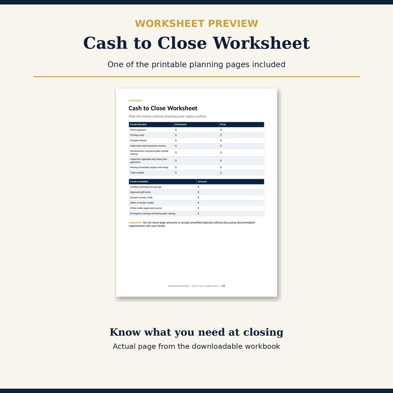 May include: A white printable worksheet titled Cash to Close Worksheet featuring dark blue headers and tables for Funds Needed and Funds Available. The document includes rows for estimated and final costs, plus an important note at the bottom.