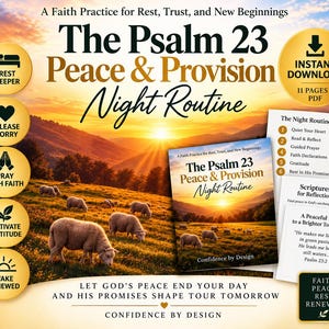 May include: A digital guide titled The Psalm 23 Peace & Provision Night Routine featuring a sunset landscape with sheep. Includes five gold circular icons with text, a stack of printed pages with scripture, and the text Confidence by Design.
