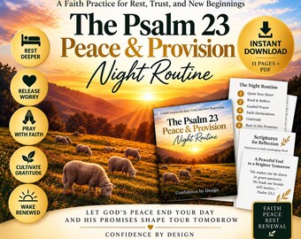 May include: A digital guide titled The Psalm 23 Peace & Provision Night Routine featuring a sunset landscape with sheep. Includes five gold circular icons with text, a stack of printed pages with scripture, and the text Confidence by Design.