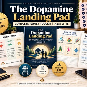 May include: The Dopamine Landing Pad complete family toolkit for ages 3-15 includes a book, landing cards, choice cards, and a daily transition plan. The materials feature text, icons, and illustrations of a house and figures, providing a practical system for routines.