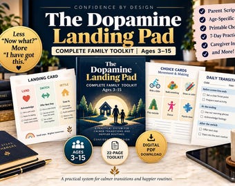 May include: The Dopamine Landing Pad complete family toolkit for ages 3-15 includes a book, landing cards, choice cards, and a daily transition plan. The materials feature text, icons, and illustrations of a house and figures, providing a practical system for routines.