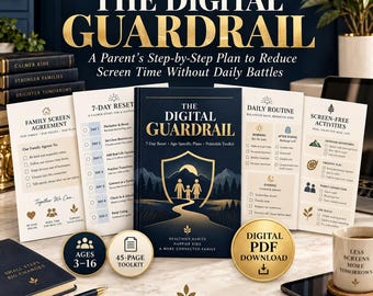 May include: A book titled The Digital Guardrail with a dark blue cover featuring a gold shield and family icon. It is surrounded by printed guides, a 45-page toolkit badge, a digital PDF download coin, a black pen, and a mug with the text Less Screens More Tomorrows.