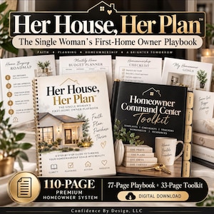 May include: A 110-page homeownership system featuring the Her House, Her Plan playbook and Homeowner Command Center Toolkit. Includes a home buying roadmap, budget planner, checklists, and goal trackers with gold text on black and white covers.