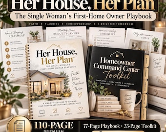 May include: A 110-page homeownership system featuring the Her House, Her Plan playbook and Homeowner Command Center Toolkit. Includes a home buying roadmap, budget planner, checklists, and goal trackers with gold text on black and white covers.