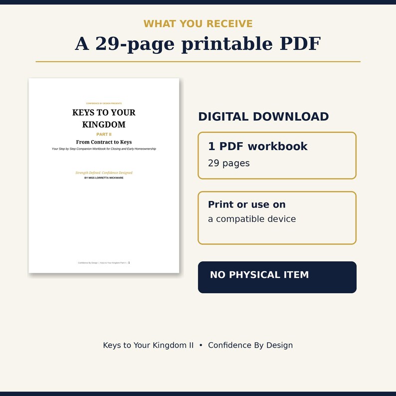 May include: A 29-page printable PDF digital download titled Keys to Your Kingdom Part II From Contract to Keys. The document is a step-by-step companion workbook for closing and early homeownership by Miss Lorietta Wickware. No physical item.
