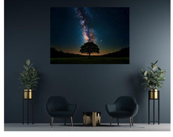 Peut inclure: Un mur bleu foncé avec une grande toile représentant un arbre solitaire à l'ombre d'un ciel nocturne étoilé. La Voie lactée est visible dans le ciel. Deux chaises noires et deux plantes en pot se trouvent au premier plan.
