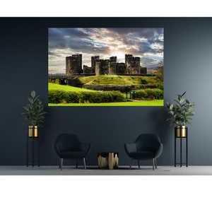 Arte mural de castillos galeses, castillo histórico galés, impresión gótica, impresión de castillos del Reino Unido, castillo de Caerphilly, castillo antiguo, arquitectura galesa, castillos