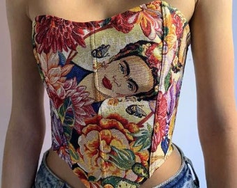 Corset imprimé Frida kahlo, haut corset, corset faja, corset victoriano