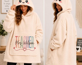 Personalized Teacher Hoodie Blanket, Apple Hood Plush Fleece Wearable, Custom Name Gift