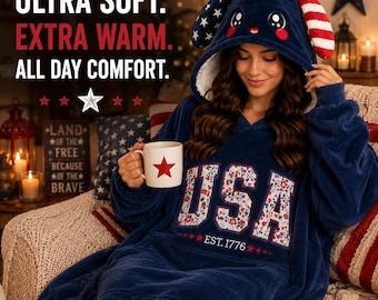 Manta con capucha extragrande de EE. UU., manta de forro polar acogedora para usar como prenda de vestir, regalo reconfortante para el Día de la Independencia.