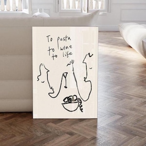 Póster de pasta, impresión de pasta y vino, decoración de cocina, arte mural italiano, boceto de pasta italiana, ilustración para amantes de la pasta, impresión minimalista