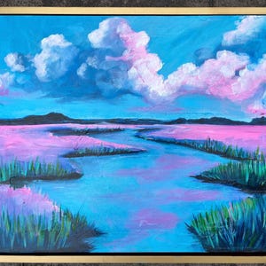 Southern Pink Paradise Charleston Low Country Marsh 16x20 Original Whimsical Landscape Painting Ready to Hang Wall Decor Art South Carolina