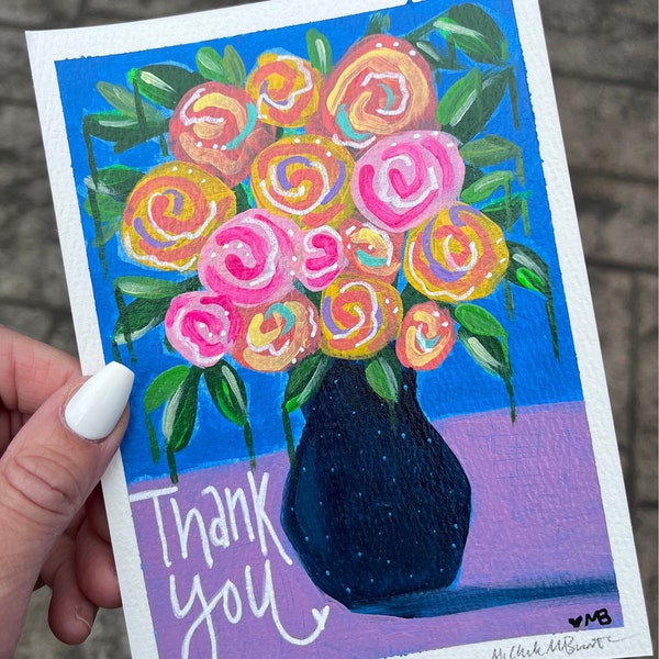 Hand Painted Floral Bouquet Thank you Card Original Painting Artwork on Watercolor Paper 5x7 Flowers mini Art Friendship Gift