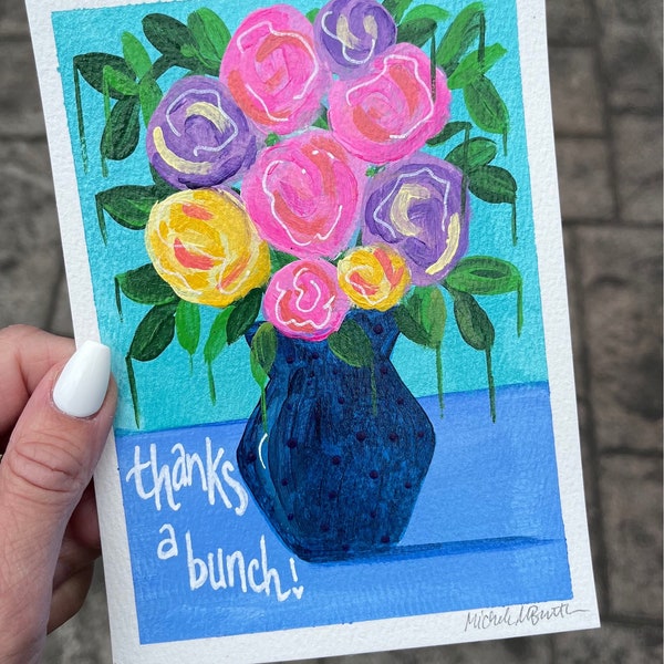 Hand Painted Floral Bouquet Thank you Card Original Painting Artwork on Watercolor Paper 5x7 Flowers mini Art Friendship Gift
