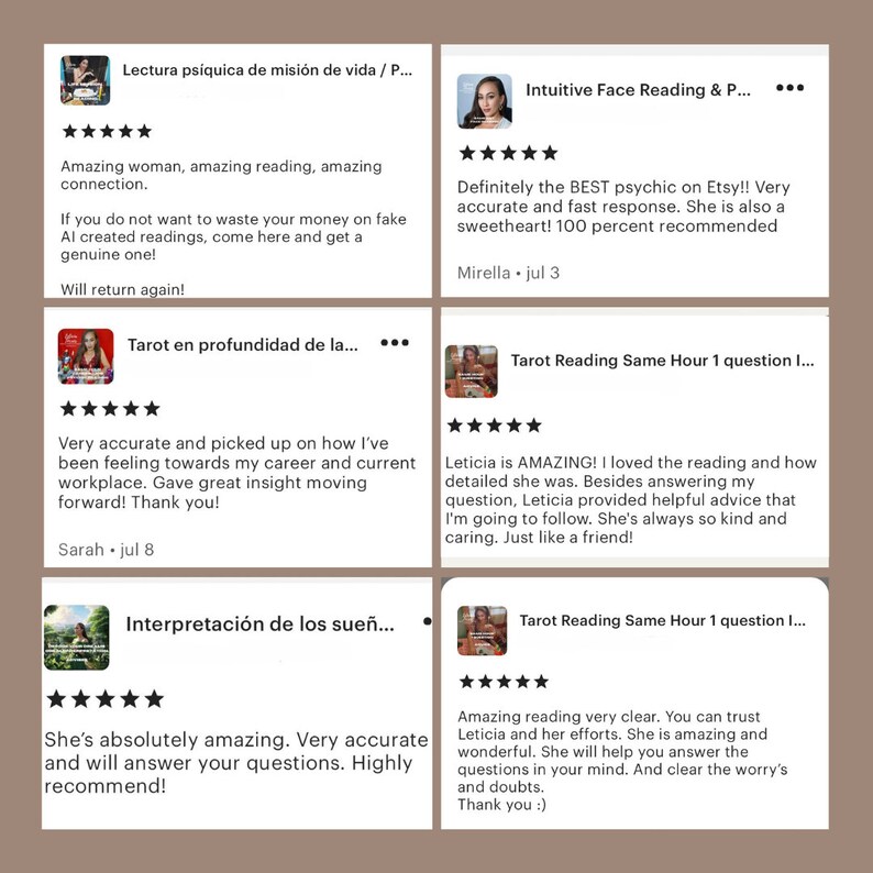 See why clients trust me with their questions and concerns.My compassionate approach and the personalized care I bring to each reading. My clients’ words reflect the comfort they find in my spiritual guidance, proving why I'm the best psychic on Etsy