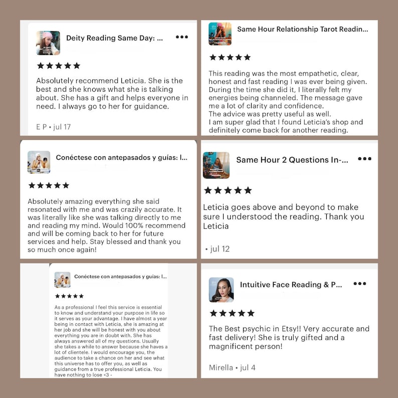 Empowering and enlightening experiences of those who have had readings with me. Reviews that celebrate the positive impact my readings have provided. Clients share their journeys of growth, showcasing why I'm recognized as the premier psychic on Etsy