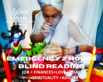 May include: A woman wearing a white turban and a white mesh top sits at a table with candles and other objects. The text on the table reads "Emergency 2 Hours Blind Reading Job + Finances + Love + Health + Spirituality + Advises".