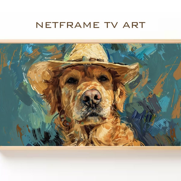 Art TV cadre Samsung Golden Retriever, Golden Retriever avec chapeau, art TV cadre fantaisiste pour décoration TV cadre Samsung, téléchargement numérique