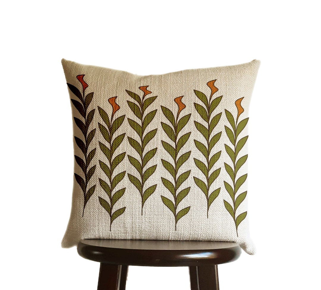 Plant Stem Foliage Leaf Pillow Cover Print Burnt Orange Chartreuse