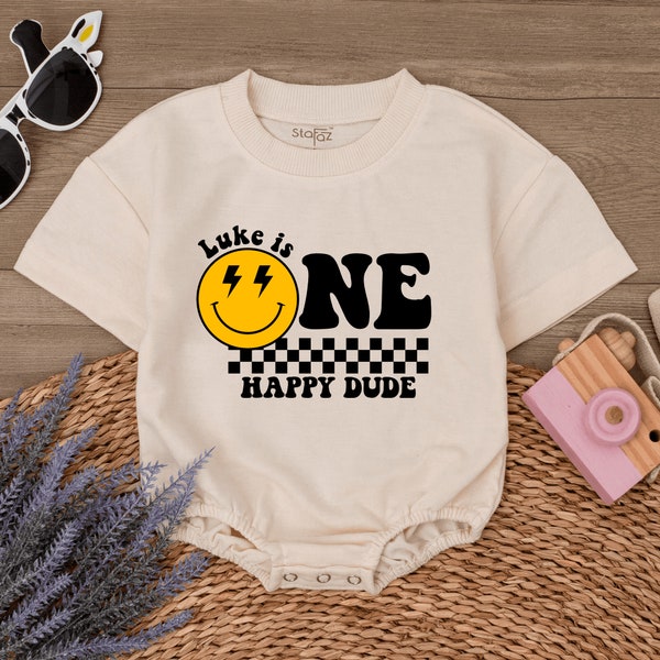 Personalized One Happy Dude Romper, First Birthday Outfit, Smiley Face, Baby Boy Clothes, 1st Birthday Boy, One Year Old, Newborn Outfits