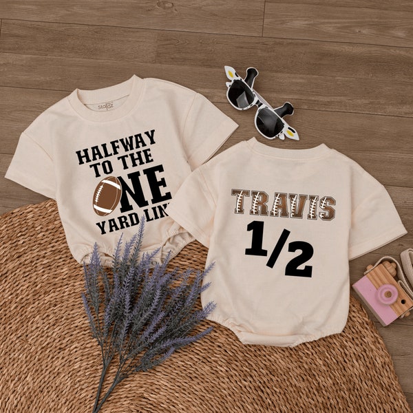 Personalized  Halfway To The One Yard Line Romper, Half Birthday Outfit, 6 Month Baby Bodysuit, Football Season Birthday, Newborn Gifts