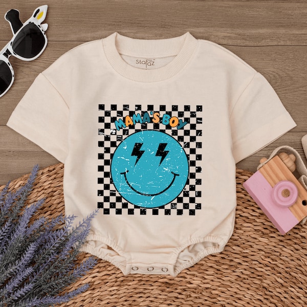 Mama's Boy Romper, Blue Smiley Face Baby Clothes, Mothers Day Gift, Natural Baby Bodysuit, Newborn Outfits, I Love My Mom, Checkered Baby