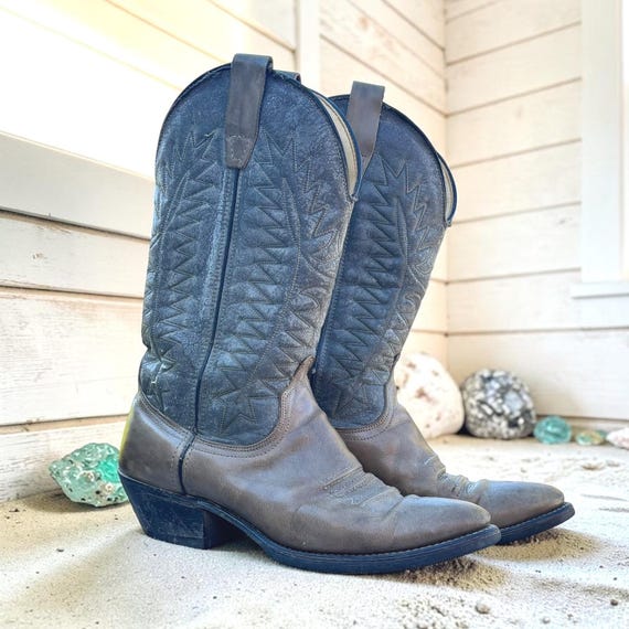 Vintage Cowboy Boots Wrangler 7.5 Brown Grey Leather Vibram Sole Dancing Heel